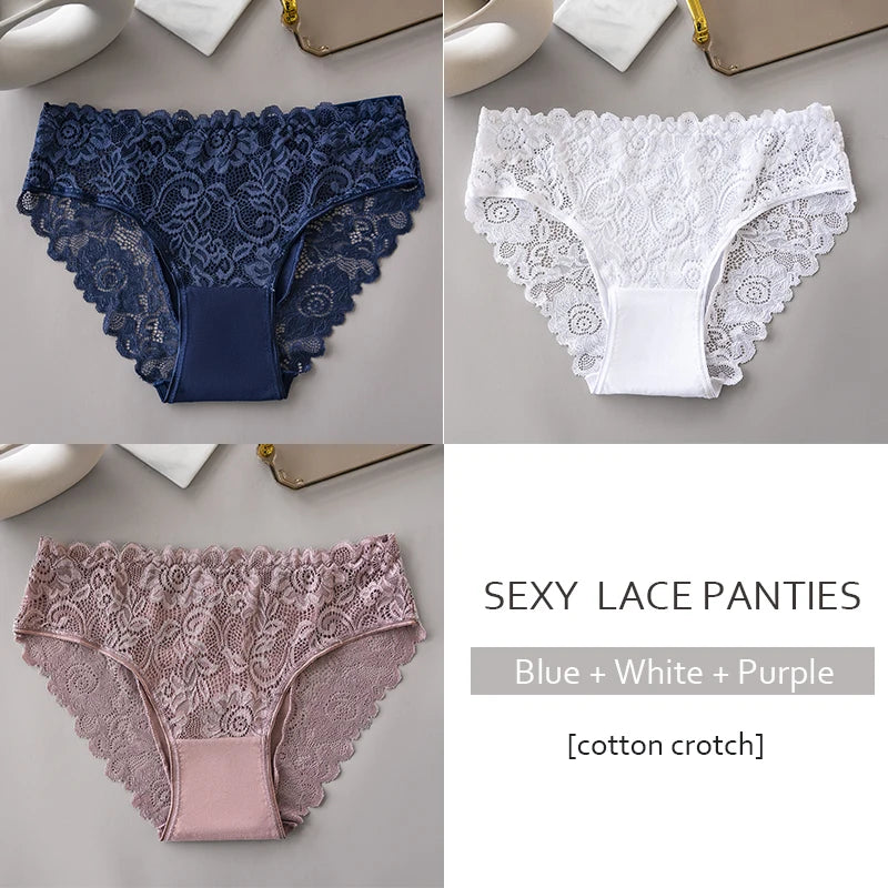 Women’s Lace Briefs 3‑Pack – Floral Embroidery, Mid‑Rise - 3KDyn